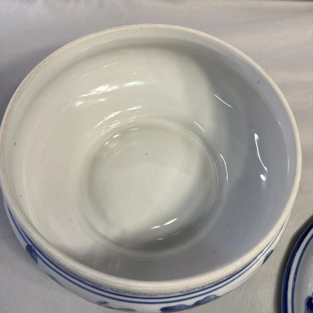 Vintage Asian Lidded Serving Bowl Blue and White Chinoiserie Porcelain Tureen